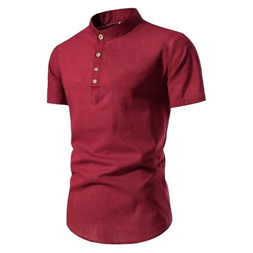 Henley Shirt Men Casual Cotton Linen Short Sleeve Tops Summer Lightweight Banded Collar Beach Tops Solid Plain Regular Blouse UK Clearance Plus Size M-5XL Wine