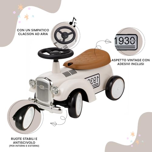 Baroni Toys Vintage Rutschfahrzeug für Kinder von 12 bis 36 Monaten, Retro Rutschauto mit Hupe, Staufach, Lenkstange und stabilen Rädern zum Laufenlernen, 25x59x35 cm (Weiß) – Bild 4