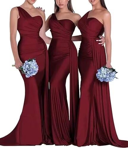 Image of One Shoulder Bridesmaid Dresses for Wedding Long Satin Bodycon Prom Dress Mermaid Formal Evening Gowns