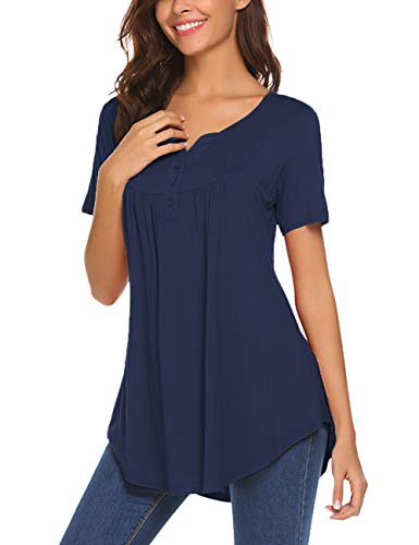 Women's Short Sleeve Henley V Neck Pleated Tunic Shirt Fit and Flare Summer Top Blouses Navy Blue XL