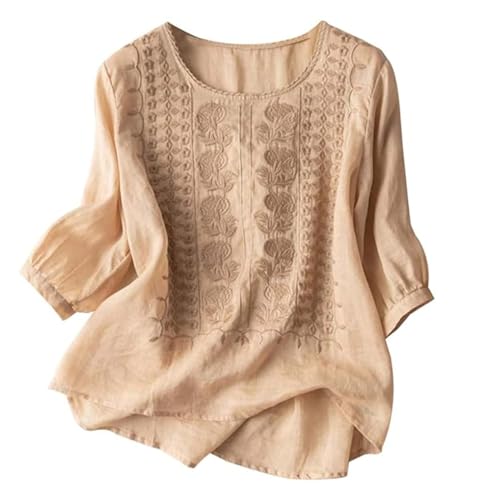 Blusas de Lino y algodón Bordadas para Mujer, Blusas Bohemias con Mangas 3/4 y Bordado Retro, Elegantes, Informales, holgadas y Estilo túnica Bohemio. (Khaki,XL)
