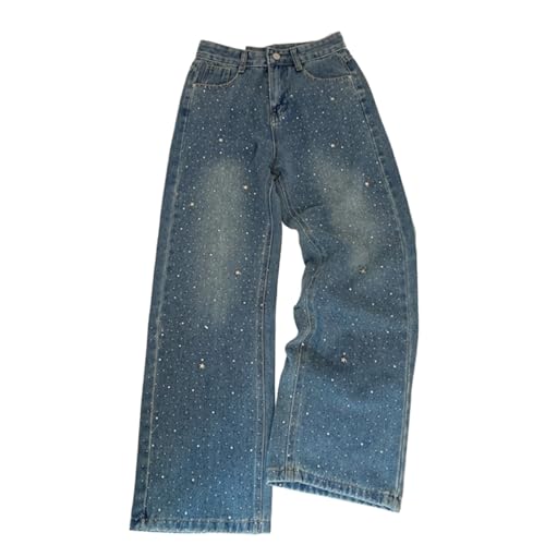 Rhinestone Jeans Men Y2k All Over Rhinestone Jeans Men Shiny High Waisted Straight Leg Denim Pants Loose Fit