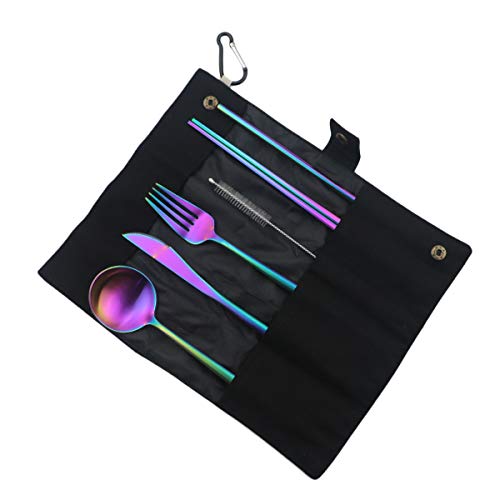 Gugrida Luxury Rainbow Matte Portable 18/10 Stainless Steel Travel Flatware Sets of 7 Portable Camping Cutlery Set, Healthy & Eco-Friendly Flatware Set with Carrying Case for Travel or Camping