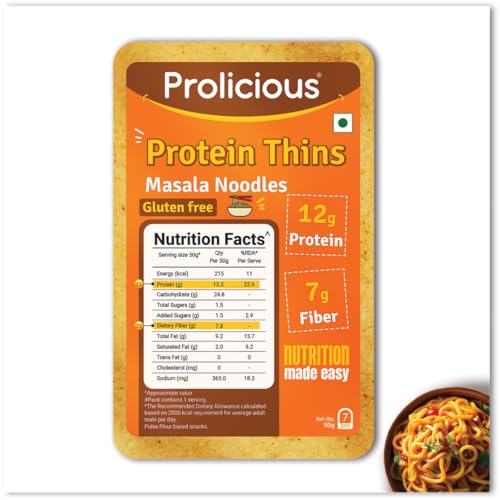 Image of Prolicious Healthy Protein Thin Chips |12g Protein & 7g Fibre | Vegan Snacks |No Maida |No Palm Oil| 50g | Masala Noodles