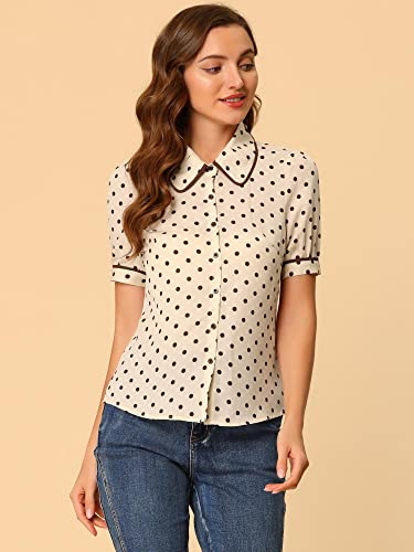 Allegra K Polka Dots Blouse for Women's Peter Pan Collar Bow Tie Neck Puff Sleeve Vintage Shirt Top3