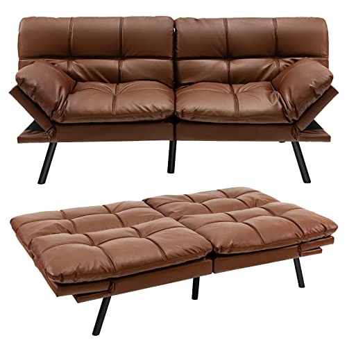 RELAX4LIFE Divano Futon Letto Convertibile 5-in-1 in Pelle Finta con Schienale Regolabile a 3 Livelli e Braccioli Regolabili a 4 Livelli, Gambe in Metallo, Schienale Suddiviso (Marrone)
