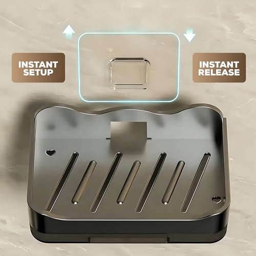 Image of MIORAH Soap Holder for Bathroom | Self Adhesive, No-Drill Holder with Drip Tray | 2 Hooks for Extra Storage