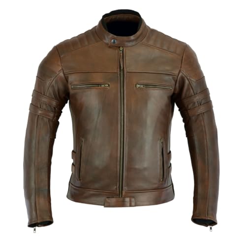 JACKET4U Herren Motorrad Lederjacke Level 2 Schutz, Touring, Motorrad, Biker, CE Protektoren, Used Look, Naturnarbenleder, MBJ-4068, Braun, L