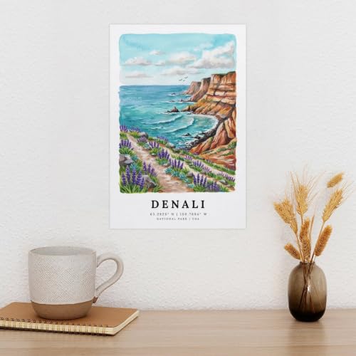 Poster Denali aquarelle vintage impression paysage grand format 60x90 cm
