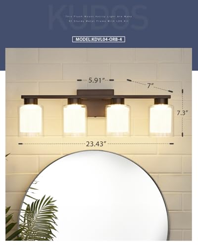 Image of kudos 4-Light Bathroom Light Fixtures, Oil Rubbed Bronze Vanity Lights with Clear Glass and Frosted Glass, Modern LED Wall Sconces for Bathroom, 3000K /4000K /5000K Adjustable, KDVL04-ORB-4