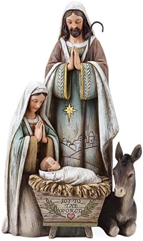 Joseph's Studio by Roman - Donkey and Holy Family Figure, Christmas Scene, Woodgrain 10.5" Tall Resin and Stone Tabletop or Desk Display Decor