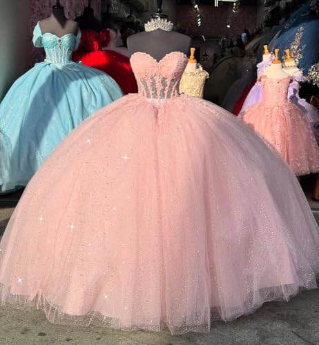 Sweetheart Lace Appliques Quinceanera Dresses with Train Glitter Diamonds Ball Gown Layered Princess XV Dress SK0022