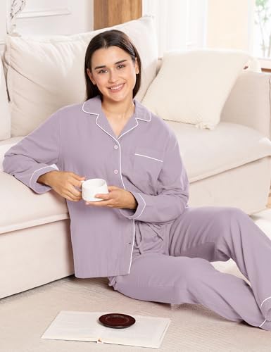 Image of Womens Muslin Pajama Set 100% Cotton Double Gauze Linen Like | Breathable Soft Comfort Button Up Loungewear Sleepwear PJ Set