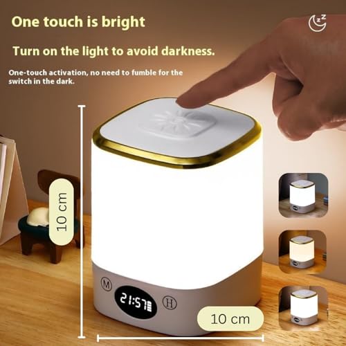 Image of One94Store LED Touch Table Lamp with Built-in Clock (H & M Buttons to Set Time) - Rechargeable Cube Shape Lamp with Golden Touch, 3-Color Dimmable Night Light for Bedroom, Office & Home Decor
