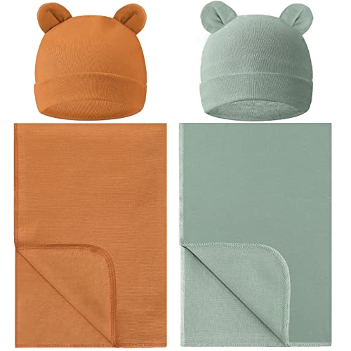 Image of 2 Sets Newborn Infant Swaddle Hat Infant Bear Ear Beanie Baby Receiving Blankets Newborn Swaddle Wrap Hospital Receiving Blankets for 0-6 Mouths Unisex Baby Boys Girls (Camel, Grayish Green)