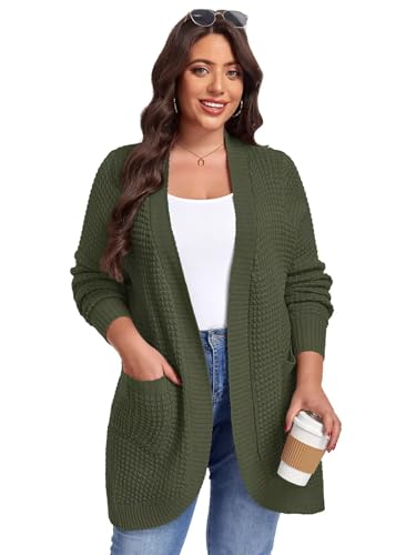 Image of LARACE Long Cardigans for Women Plus Size Tops Open Front Sweaters with Pockets Waffle Ribbed Sleeve Loose Fall Outwear