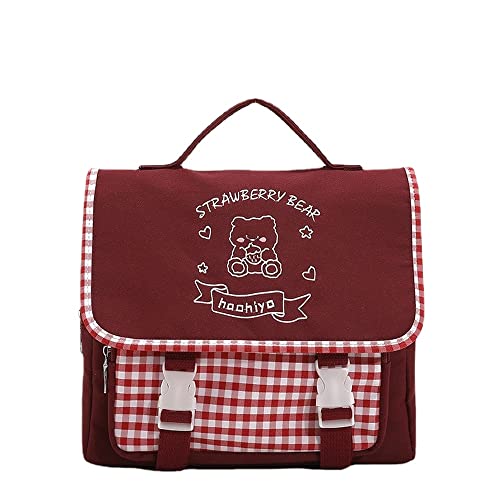 YUESUO Japanese Kawaii Plaid Bear Strawberry Backpack 3 Way Multi Bag for Girl Women JK Lolita Student Cosplay Satchel Book Bag (Red,Medium)