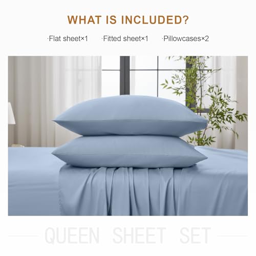 Warmstar 100% Cotton Twin Sheet Set,600 Thread Count Cotton Bed Sheets Sateen Soft Cotton Twin Size Sheet Set Deep Pocket, 4 Pc Bed Sheet Set -1 Flat Sheet, 1 Fitted Sheet,2 Pillowcases,Denim Blue by Warmstar - Image 5