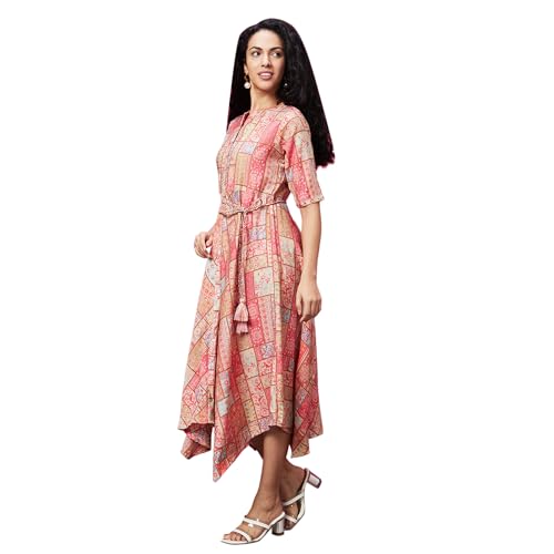 Image of Globus Coral Mandarin Collar All Over Printed Belted Dress