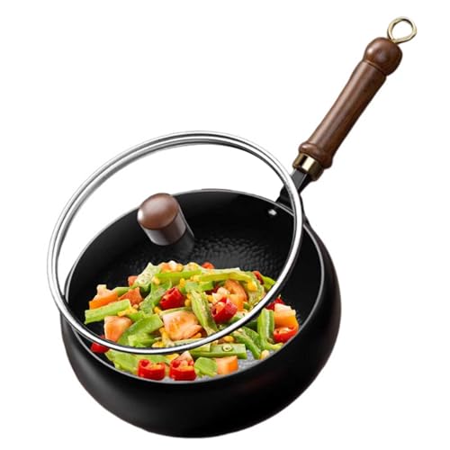 GZKDKZB Chinesischer handgefertigter Wok mit Glasdeckel, unbeschichteter schmiedeeiserner Pfanne, traditionelle Zubereitungsmethode für Gasherde und Induktionskochfelder (26 cm)