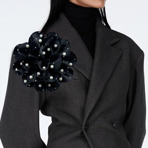 Image of Elegant Large Rose Flower Brooches Lapel Pins Handmade Dainty Satin Fabric Pearl Brooches Big Camellia Flower Brooch Pin for Women Wedding Part Dance Dress Suit Clothes Accessories Prom Jewelry