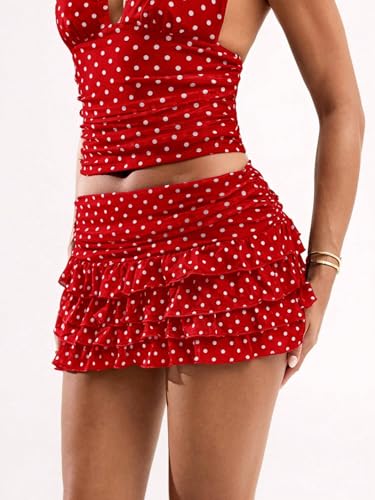 EARKOHA Womens Fall Skirts Women's Elegant Polka Dot Ruffle Hem Mini Skirt, Summer3