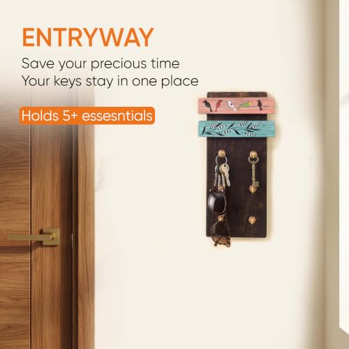 Image of AAKRITI ART CREATIONS Key Holder, Melodic Wings Key Holder | Rustic Mango Wood Wall Organizer with 6 Hooks | New Home Gifts | Multifunctional Entryway Decor Item