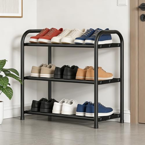 Tmefoy Schuhregal Schmal Ausziehbar Platzsparend, 3 Etagen Shoe Rack, Kleines Schuhregal Metall Schwarz, Schuhschrank schmales, Schuhständer geeignet für Flure Durchgänge Outdoor – Bild 3