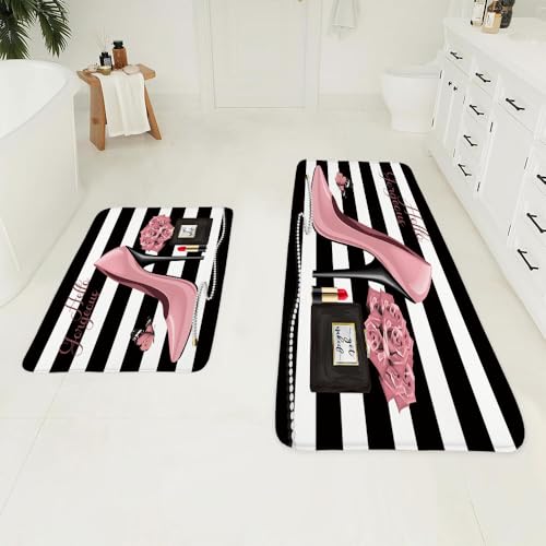 2-Piece Pink High-Heel Microfiber Memory Foam Bath Mat