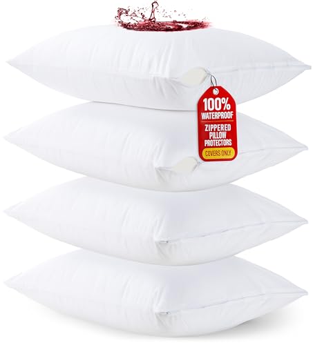 Utopia Bedding Waterproof Queen Size Pillow Protectors Zippered (4 Pack, White), Dust Mite and Bed Bug Proof Pillow case Protectors, Moisture Wicking Pillow Encasement Covers 20 x 28 Inches
