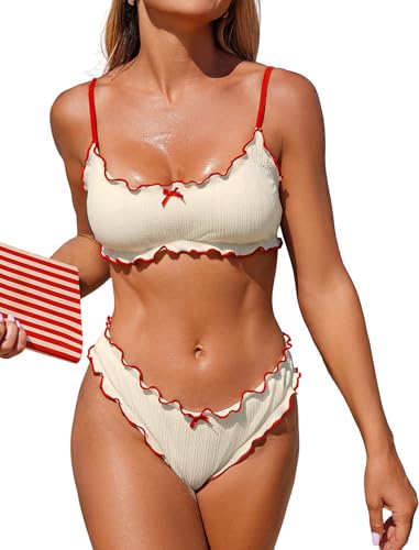 ZAFUL Womens Bikini Set 2 Piece Swimsuit Bandeau Top Cute Plaid Ruffled Bow Decor Cheeky Bathing Suits