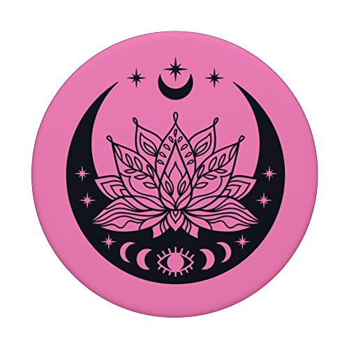 Moon and Eye and Lotus Flower Pink Women's Witchy New Age PopSockets Swappable PopGrip, Black - Image 3