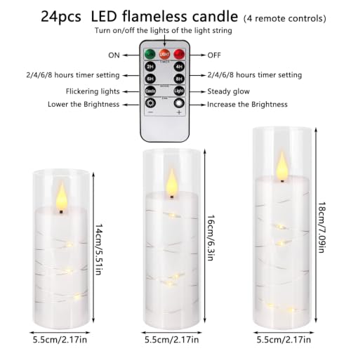 Image of 24 Pack Flameless Candles with Embedded Star String Fairy Lights, Battery Operated Candles, LED Candle, Fake Candles with Remote Control and Timer, White,(D2.2 x H 5 inch 6 inch 7 inch)