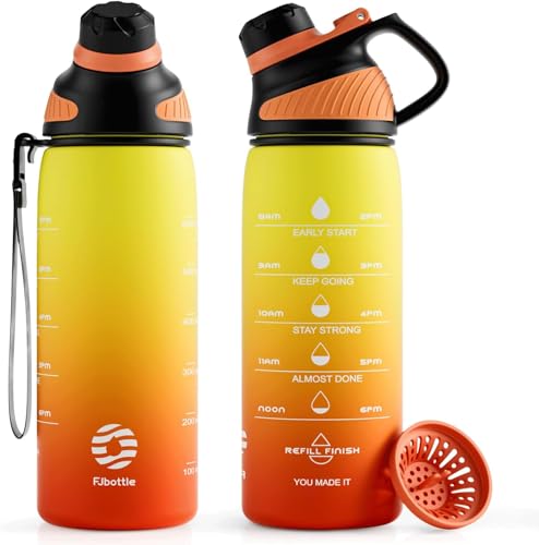 Fjbottle Botella de Agua Deportiva de Plástico 1L/710ML – Sin BPA, con Marcador de Tiempo, Tapa Magnética y Cepillo para Gym, Colegio, Bicicleta