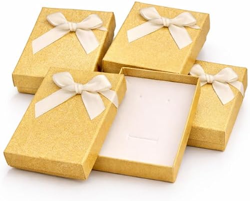 Jewellery Gift Boxes Pack of 4, Multicolour Cardboard with Ring Chain Earring Cutouts, 11x9x2cm, Contemporary Style for Birthdays Weddings Anniversaries (Sparkly Gold)