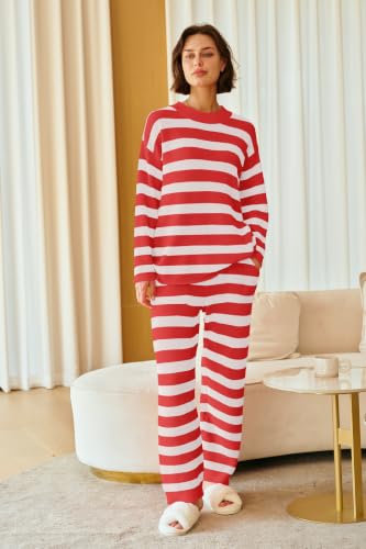 Image of SENSERISE Womens Striped Set Sweater Lounge Sets | Pajamas Set, Loungewear Set, Oversized Knit Sweater, Wide Leg Pants with Pockets, Fall Outfits, Pants Set