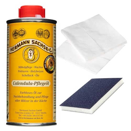 Hermann Sachse Holzpflegeöl für Schneidebretter 250ml – Lebensmittelgeeignetes Pflegeöl für Küchenhelfer aus Holz – Inkl. Universaltuch & Schleifmatte – Made in Germany