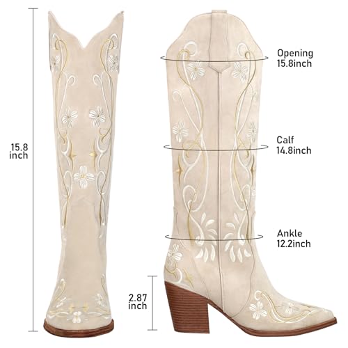 Image of Beige Cowboy Boots for Women, Knee High Cowgirl Boots with Pointed Toe, Chunky Heel, Floral Embroidery Western Boots Suede Tall Boots Size 8.5
