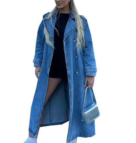 Women's Long Denim Trench Coat Belted Slim Fit Denim Jacket