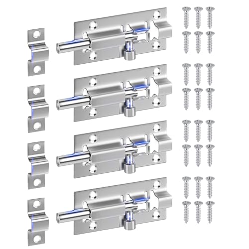 4 Pack Door Latch Lock 3 Inches Thickened Stainless Steel Slide Lock Premium Barrel Bolt Latch with 24PCS Screws (Silver)