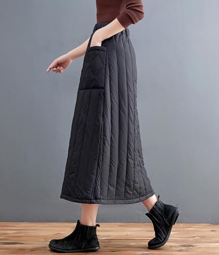 chouyatou Women's Winter Elastic Waist A-Line Quilted Midi Long Insulated Skirt with Pockets2