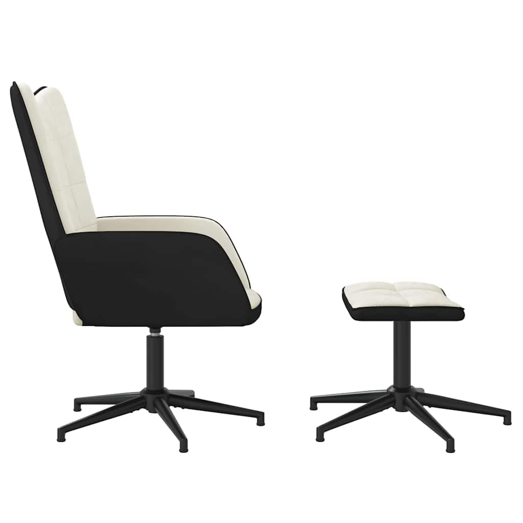 Fotel relaksacyjny, kremowo-biały, z taboretem z aksamitu i PCW, obracany o 360 stopni, fotel tapicerowany ze stalowym stelażem, 62 x 68 x 98 cm, do salonu i sypialni