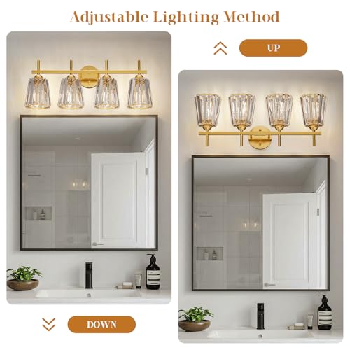 Image of Crystal Bathroom Light Fixtures Over Mirror, Gold 4-Light Bathroom Vanity Lights Over Mirror Modern Wall Lighting Sconces with Ceramic E26 Base (Bulbs Not Include)
