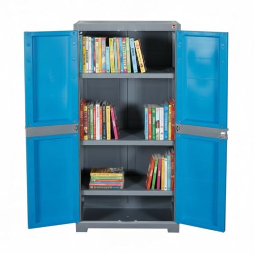 Image of Cello Novelty Big Bookshelf, Blue & Grey | 2 Dustproof Doors | Space Saving Cupboard | Plastic Book Shelf | Multipurpose Book Shelf for Home, Office | Book Organizer for Library