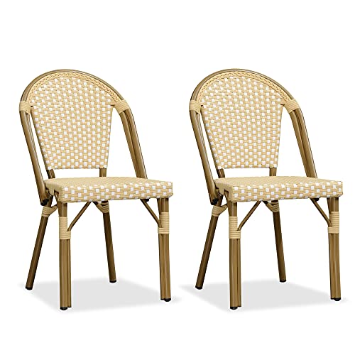Purple Leaf Bistro Chair (Set Of 2) French Hand-Woven Wicker Chairs For Outdoor Patio Porch Garden Indoor, Bamboo Print Finish, Cream Yellow, Dining Chairs #TOP10