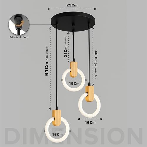 Image of Lampmaster 3-Ring LED Pendant Light | Modern Hanging Ceiling Lamp with Wooden Accent & Warm White Glow | Decorative Chandelier for Living Room, Dining Room, Bedroom, Restaurants & Cafe Interior