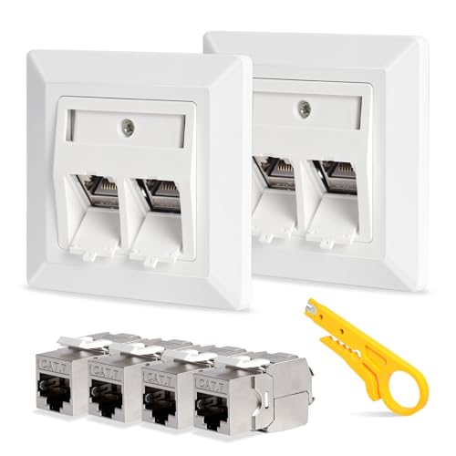2 Prise Réseau encastrée à 2 ports CAT 7 4 modules Keystone Prise Murale RJ45 CAT 7 boîte de jonction Ethernet LAN, blanc