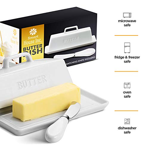 Ceramic Butter Dish Set with Lid and Knife - Decorative Butter Stick Holder with Handle for 1 Stick of Butter - Microwave Safe, Dishwasher Safe - Anti-Scratch Stickers Included - Thumbnail 3