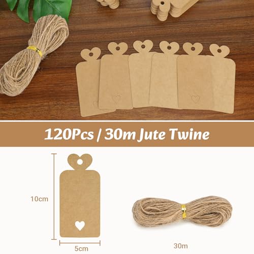 VynyQoo 120PCS Geschenkanhänger Zum Beschriften 5x10CM Kraftpapier Blanko Etiketten mit Schnur & 30M Naturjute DIY für Hochzeitsgeschenke, Präsente, Braune Anhänger, Preisschilder- Liebe