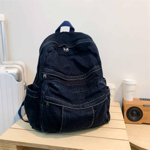 Image of Dark Wash Denim Jean Backpack for Women & Men Retro Aesthetic Rucksack Basic Backpack for High School /College Students Travel Laptop Bag